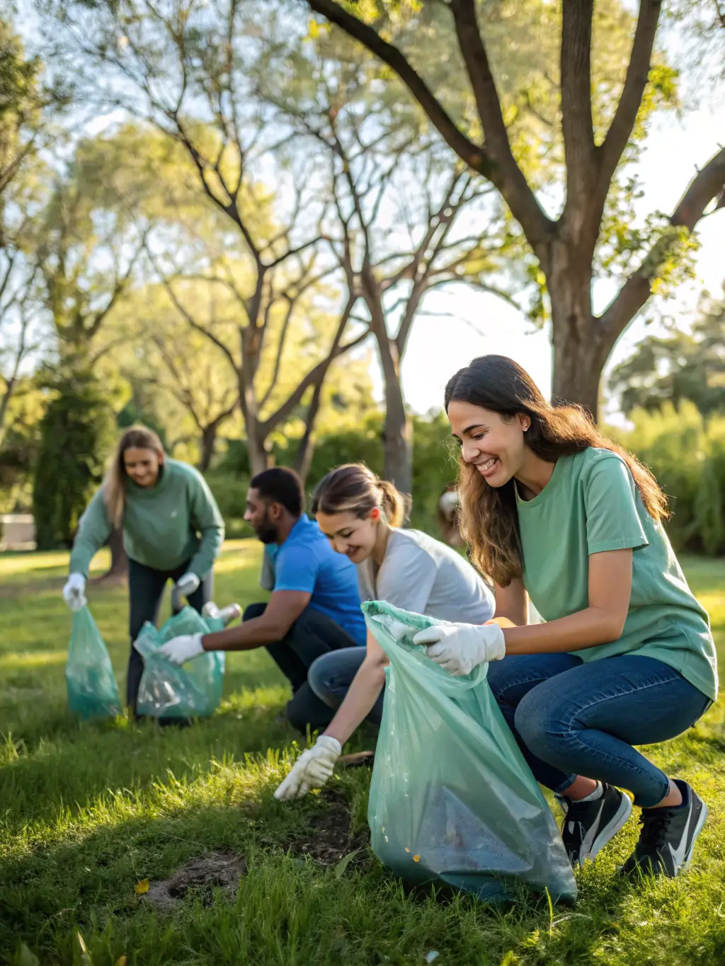 A photograph capturing STE DE CHASSE members participating in a community cleanup event in a local park, collecting litter and maintaining trails. The image should convey a sense of civic responsibility and environmental care.