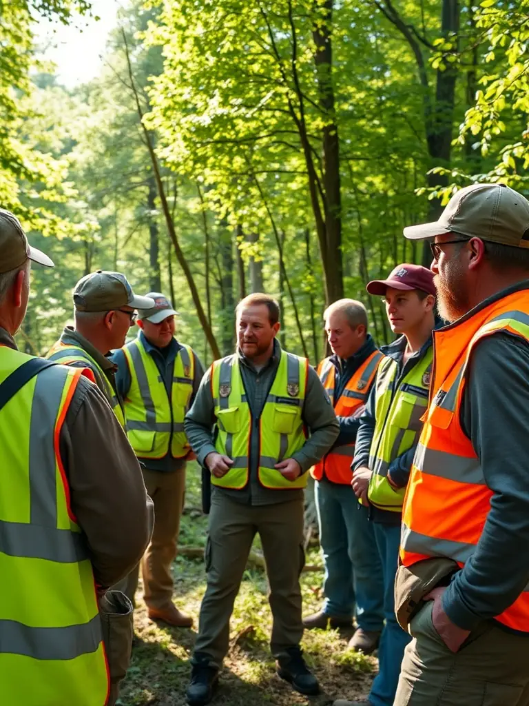 A photograph showing STE DE CHASSE members conducting a workshop on responsible hunting practices for young hunters, demonstrating safe firearm handling and ethical hunting techniques. The image should emphasize education and mentorship.