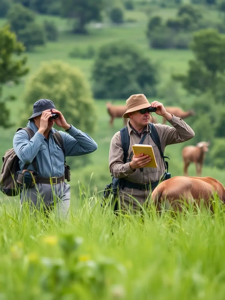 A photograph depicting a group of STE DE CHASSE members participating in a wildlife census in a local forest, using binoculars and notebooks to record their observations. The image should convey a sense of scientific rigor and environmental stewardship.
