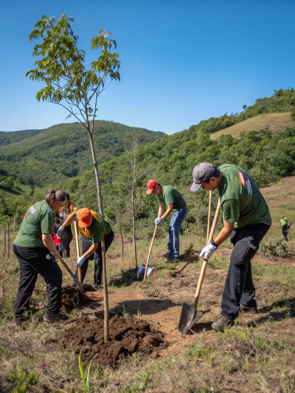 A photograph of STE DE CHASSE members collaborating with local farmers to implement habitat improvement projects, such as planting native trees and creating wildlife corridors. The image should highlight community collaboration and environmental restoration.